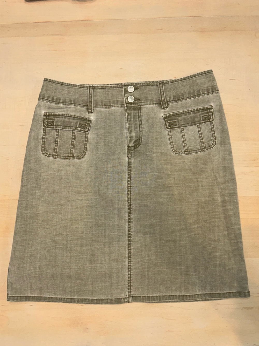 Olive-Green Denim Mini Skirt with Front Flap Pockets